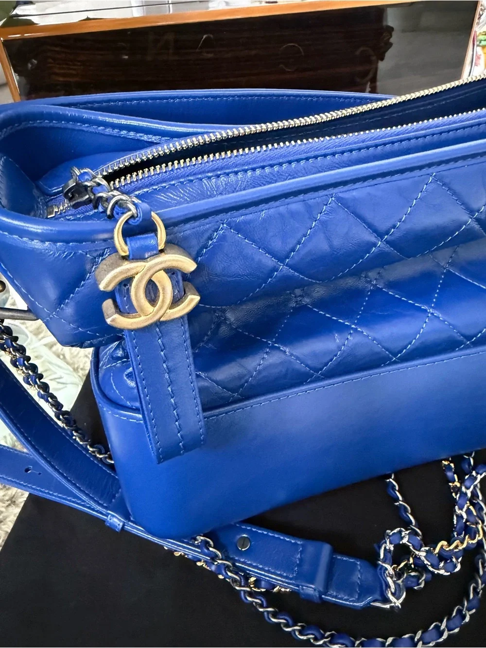 CHANEL Royal Blue Quilted Leather Shoulder Bag with Gold Accents